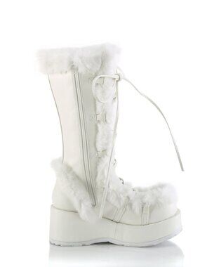 White Vegan Leather Mid-Calf Boots with Faux Fur Trim and Full Inner Side Zip